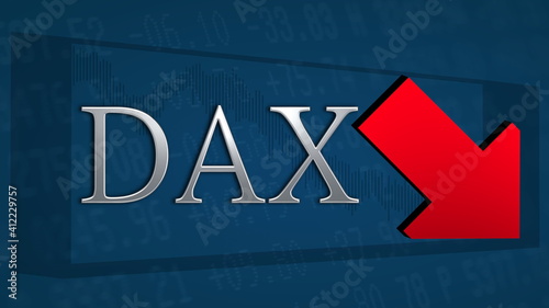 The German blue chip stock market index Dax is trading lower. A red tilted arrow symbolizes a bearish scenario. The silver DAX title on a blue background with the arrow indicates a price drop. photo