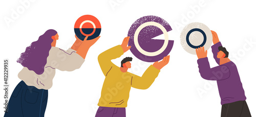 People holding and organizing abstract circular geometric shape overhead flat vector isolated on white background. Teamwork and team building organization concept. Coworking and business partnership