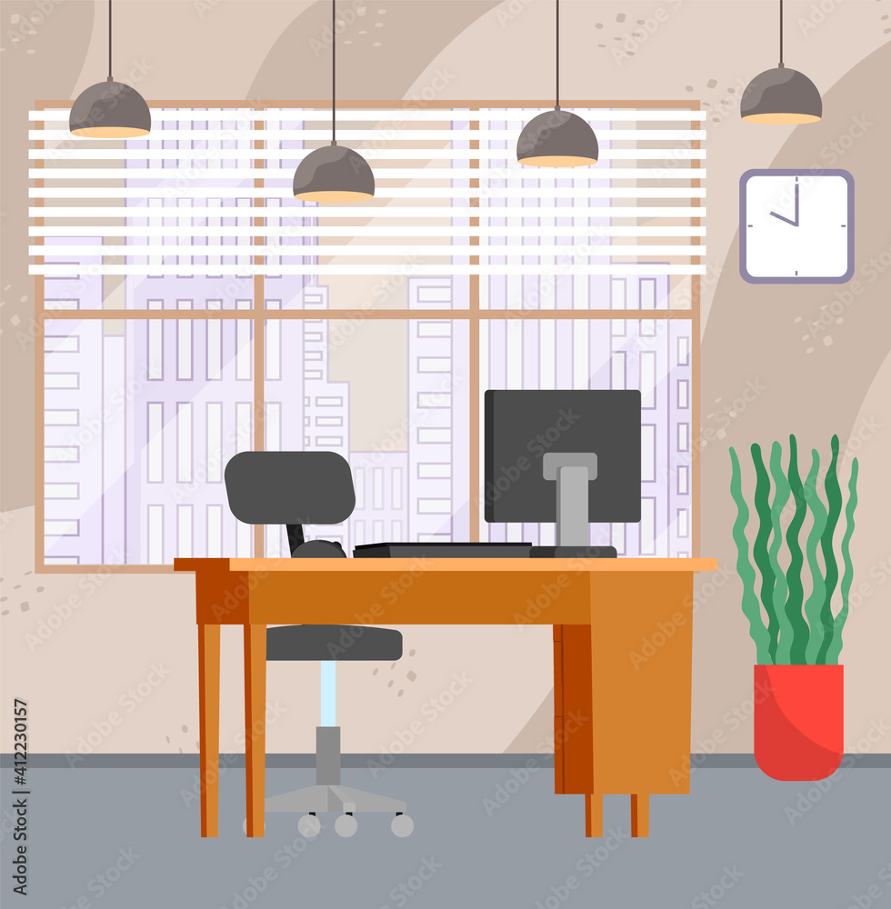 Design of modern workplace. Creative office with big window, desktop, monitor and furniture. Design and layout of the room for employees. Planning the arrangement of furniture in the office at work Design of modern workplace. Creative office with big window, desktop, monitor and furniture. Design and layout of the room for employees. Planning the arrangement of furniture in the office at work