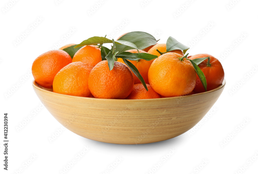 Fresh tangerines with green leaves in wooden bowl on white background Fresh tangerines with green leaves in wooden bowl on white background
