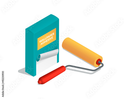 Isometric vector illustration wallpaper glue and paint roller isolated on white background. Realistic paint roller brush icon in flat cartoon style. Wallpaper sticking. Renovation and reconstruction.