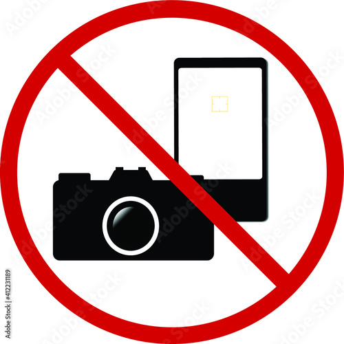 Photography, video and pictures prohibited and forbidden. Camera and cellphone NO red circle with slash on white base and transparent background.