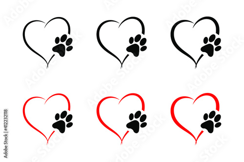Animal love symbol paw print with heart, isolated vector