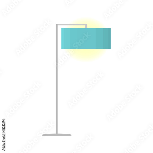 Green floor lamp for the living room on a curved steel stand. A modern lamp for a bedroom, living room or work desk. Flat vector illustration