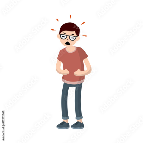 Young man holding his stomach. Guy with griping. Vector medical illustration flat design isolated on white background