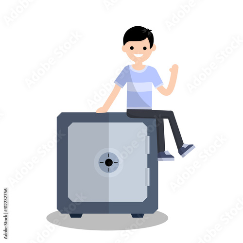 Young guy sitting on Bank safe with money. Place to store cash, business Deposit. Smiling man client. Cartoon flat illustration. Reliability and security of economy