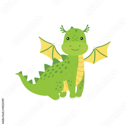Cute cartoon green little dragon  isolated vector illustration