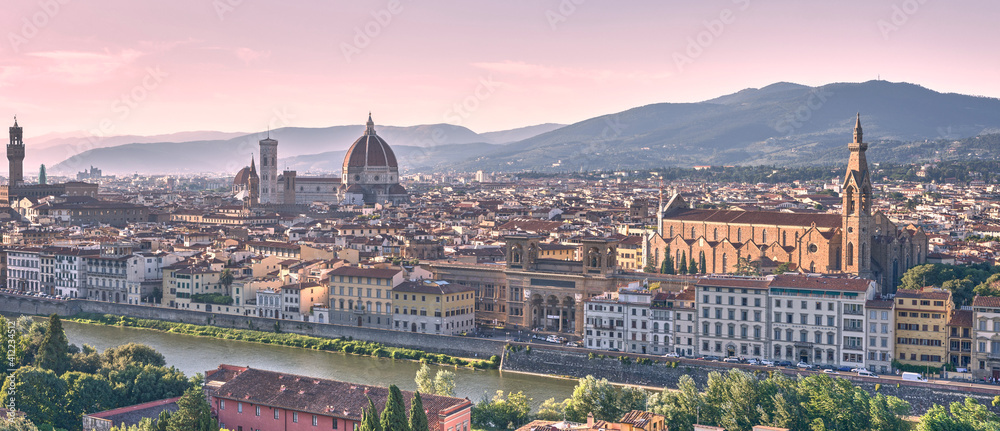 Panoramic view of Firenze with river Arno, Cathedral of Santa Maria del Fiore and Basilica di Santa Croce. Italy.