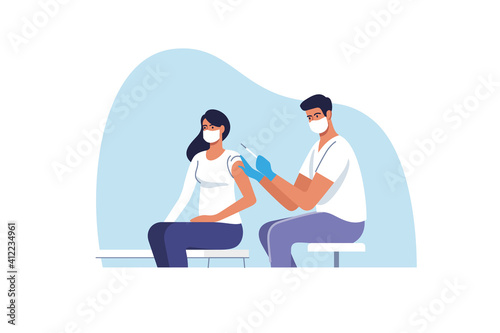 Coronavirus vaccination. Woman getting vaccinated against Covid-19 in hospital. Doctor injecting a patient, getting first shot of covid vaccine in arm muscle. Vector illustration.