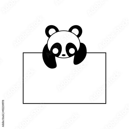 Funny panda bear hanging on paper board template. Kawaii animal body with pawprint. Cute cartoon character. Baby card. Flat design style. white background Isolated. Vector illustration
