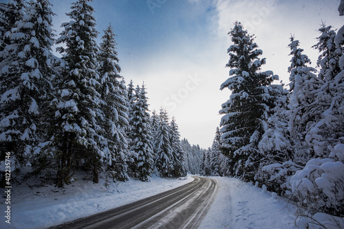 Mountain road while snow blizzard is dangerous