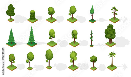 Collection isometric trees with shadow. Various type wood isolated on white background. Green plants elements for isometric landscape public park or garden. Vector icons for infographics or game