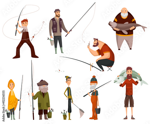Group fishermans fishing with fish. Fishing people with equipment for cutting fish. Vacation concept flat vector icon. Leisure and hobby catching fish
