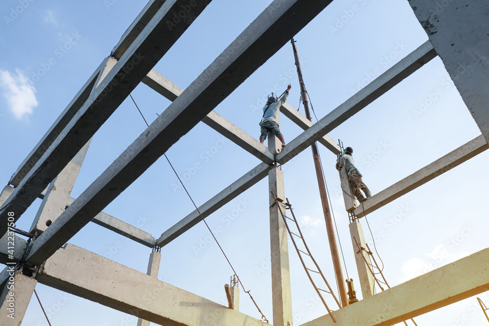 labor man working high pile no safety . Team worker risk on top structure home building site. labor man working high pile no safety . Team worker risk on top structure home building site.