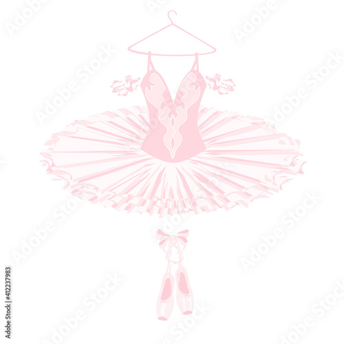 Ballerinas tutu lacedress, pointe shoes, dancing and theatre clothing, vector ballet