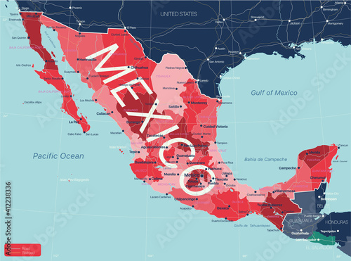 Mexico country detailed editable map with regions cities and towns, roads and railways, geographic sites. Vector EPS-10 file