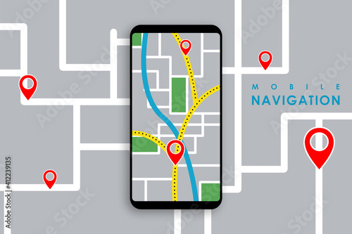 Illustration of smartphone with mobile navigation. Smartphone map application and red pinpoint on screen.