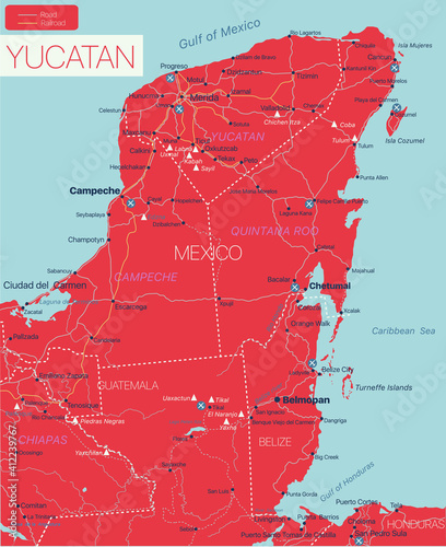 Yukatan peninsula detailed editable map with regions cities and towns, roads and railways, geographic sites. Vector EPS-10 file