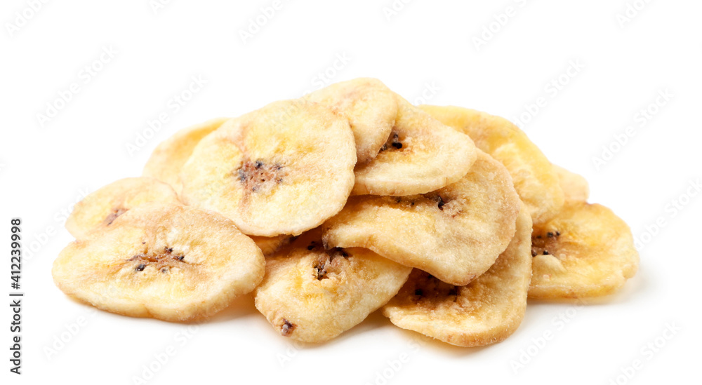 Banana chips heap on a white background. Isolated