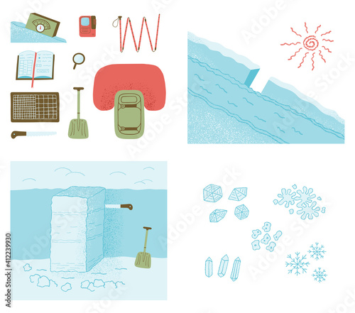 Avalanche safety equipment, snow study kit and stability test. Color vector illustration