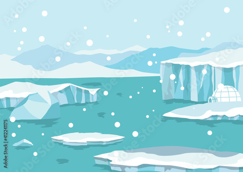 North pole arctic. White drifting and melting glacier in ocean, snow mountains iceberg polar winter season cartoon vector illustration