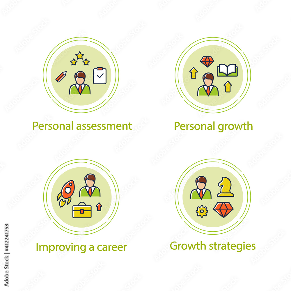 Fototapeta premium Personal growth concept icons set. Consists of growth zone, enhancing lifestyle, identifying potential, spiritual identity etc. Vector isolated conception metaphor illustrations