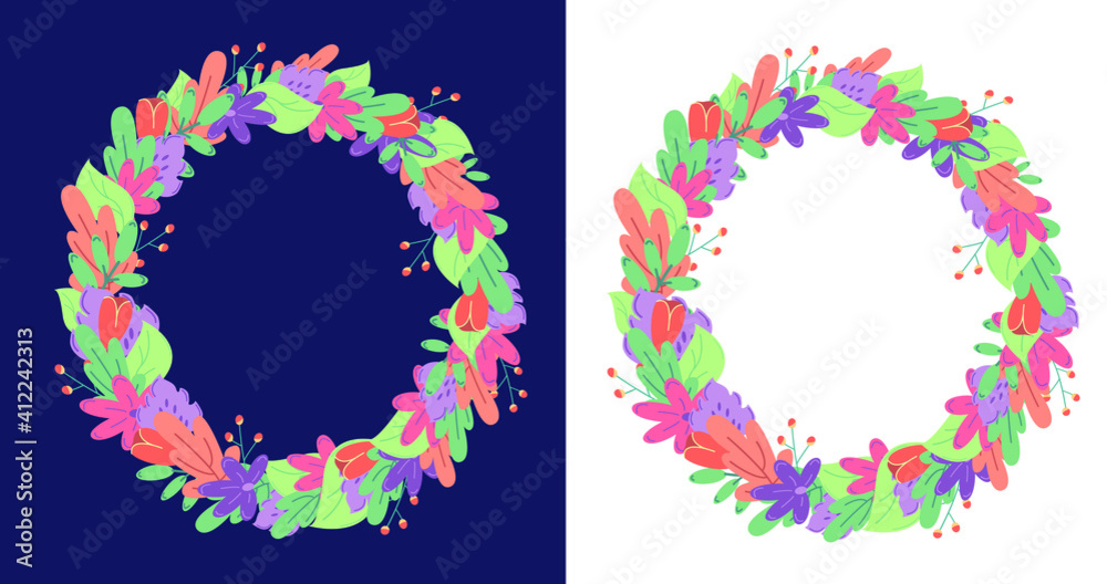 Flowers and plants vector illustration wreath on dark and white background. Cute cards with place for text.
