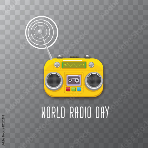 World radio day concept vector illustration with vintage old orange cassette stereo player isolated on transparent background. Radio day banner or poster