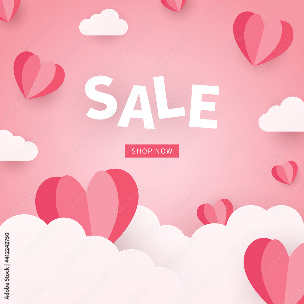 Happy valentine's day Sale banner. Holiday background with origami hearts and clouds. Trendy design template for advertisement, social media, business, fashion ads, etc. 
