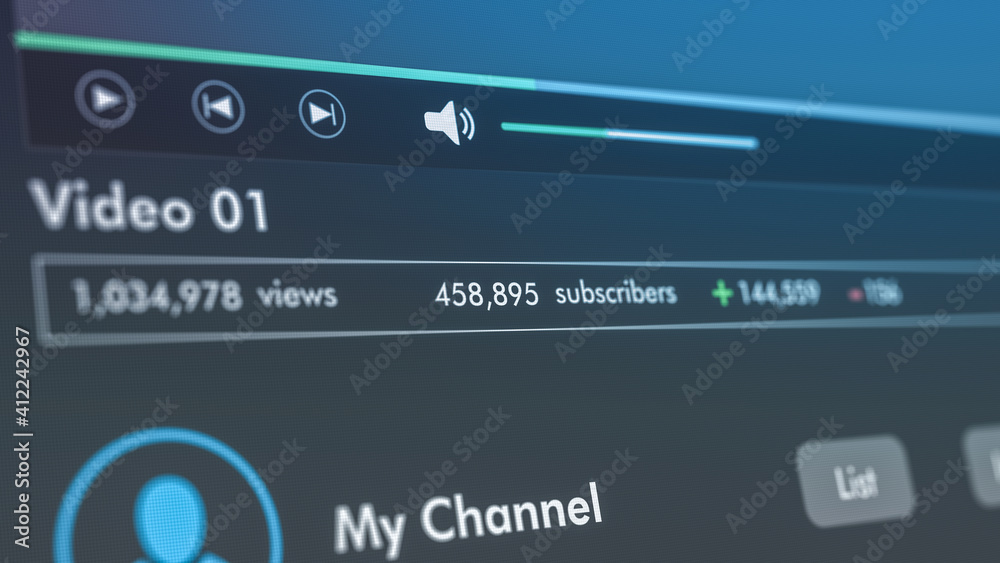 close-up view of a computer monitor, video channel template with increase of views and subscribers, dark theme (3d render) close-up view of a computer monitor, video channel template with increase of views and subscribers, dark theme (3d render)