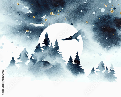 Watercolor magic vector landscape in blue, golden and white colors. Forest with eagle under night sky with moon. Hand drawn illustration. Watercolor design for card, poster, banner, print