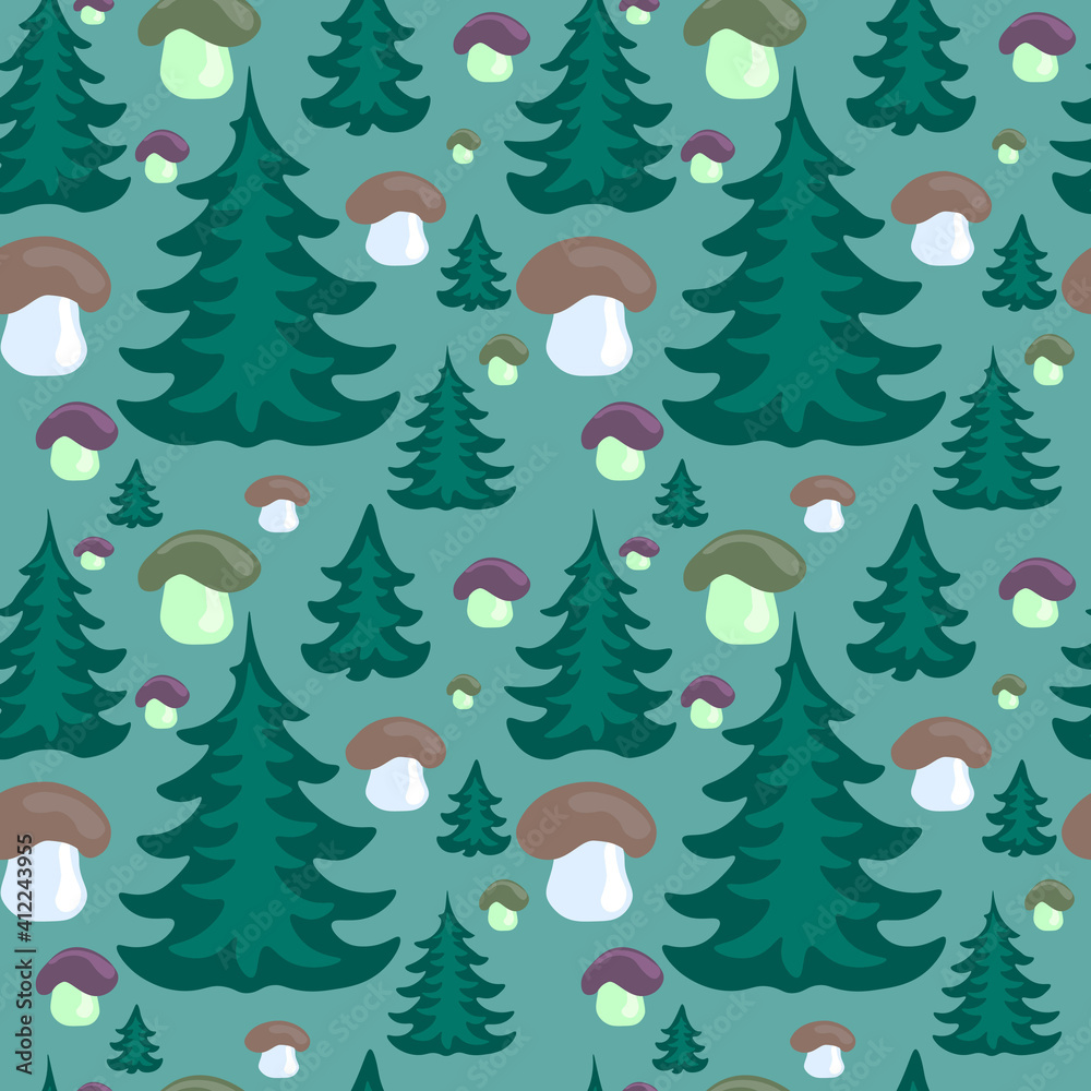 spruce forest with mushrooms hand-painted seamless pattern