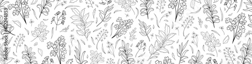 Floral vector banner with leaves, plants for greeting card. Abstract natural elements in doodle style. Silhouette of plant. Print for holiday background, template. Minimalistic, trendy design.