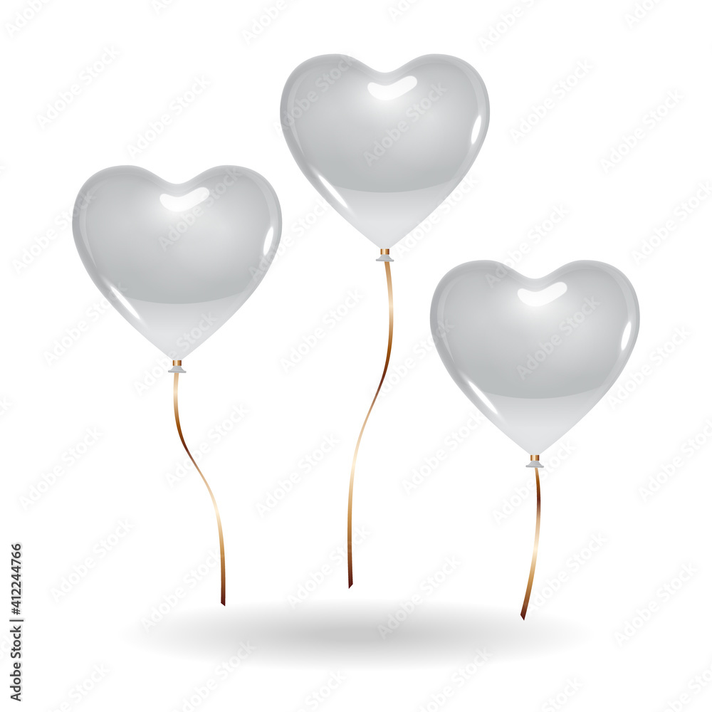 3 heart shaped silver gray color balloons. Isolated on white background with shadow mockup template object.