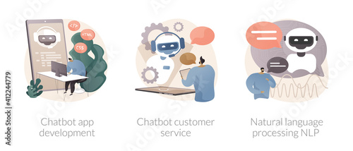 AI programming abstract concept vector illustration set. Chatbot app development, customer service, natural language processing, client support, web chat, machine learning abstract metaphor.