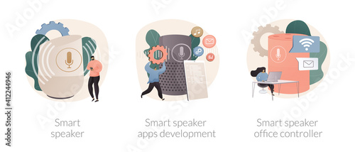 Internet of things abstract concept vector illustration set. Smart speaker apps development and office controller, virtual home automation hub, speech recognition, voice assistant abstract metaphor.