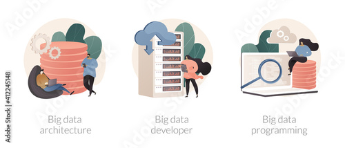 Database storage abstract concept vector illustration set. Big data architecture developer, programming language, data science tools, software development, information visualization abstract metaphor.