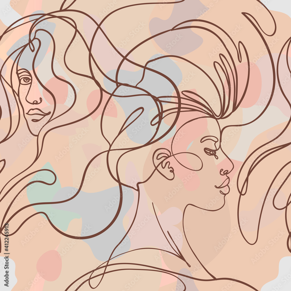Abstract seamless pattern in modern simple style. Female faces. One line drawing. Design for wrapping paper, wallpaper, fabrics and fashion clothes. Abstract seamless pattern in modern simple style. Female faces. One line drawing. Design for wrapping paper, wallpaper, fabrics and fashion clothes.