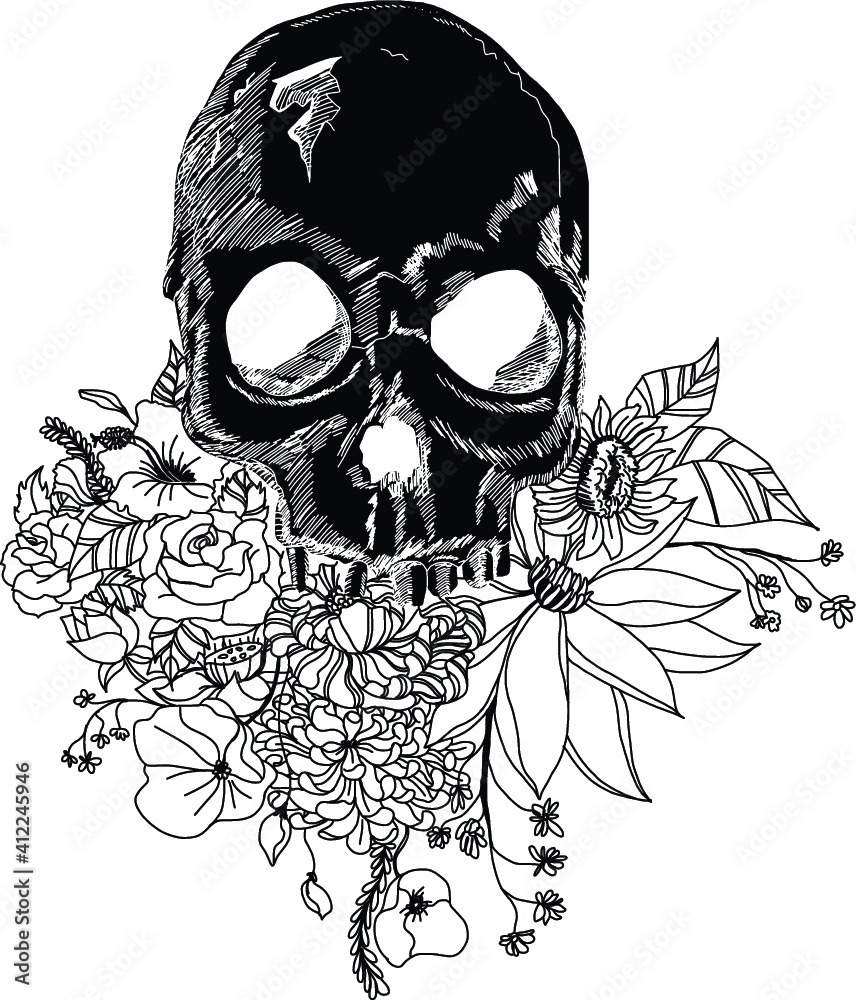 Fototapeta premium hand drawn Skulls Wings Tattoo.Sketch design Horror skull with floer and wings of bird isolate on white background. 