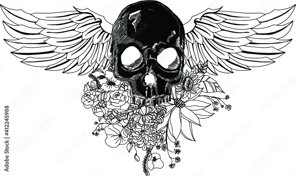 Fototapeta premium hand drawn Skulls Wings Tattoo.Sketch design Horror skull with floer and wings of bird isolate on white background. 