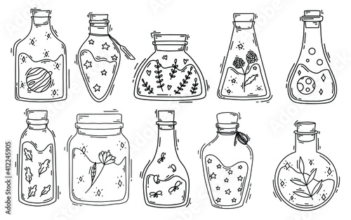 Vector set of magic bottles, chemistry, alchemist, children cartoon laboratory, colorful witch elements, iquid, elixir. Children coloring book, coloring page