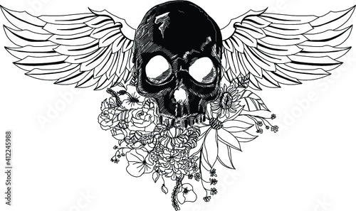 hand drawn Skulls Wings Tattoo.Sketch design Horror skull with floer and wings of bird isolate on white background. 
