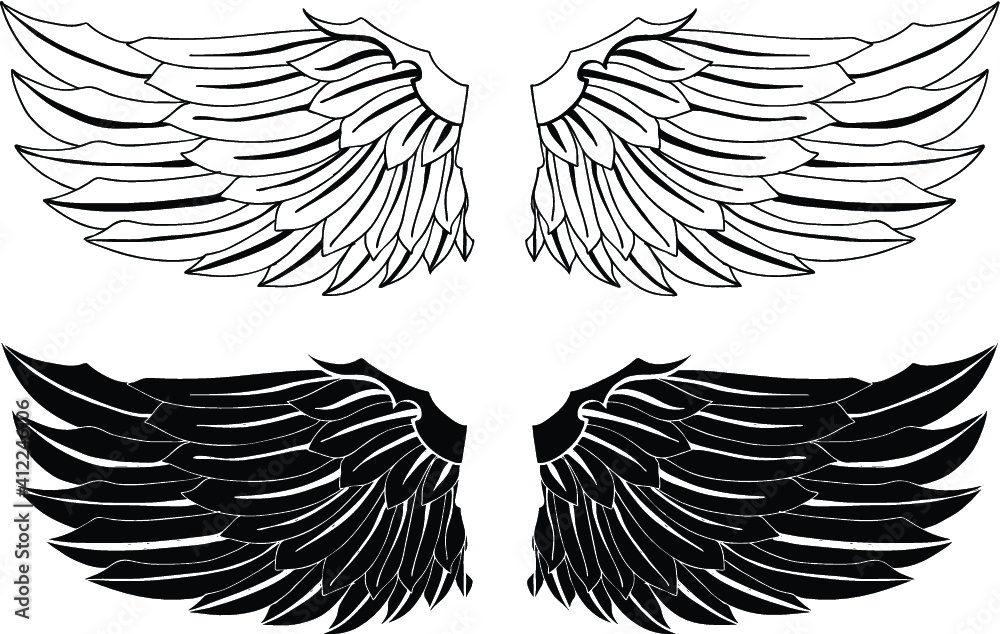 Obraz premium Hand drawn wing set.Sticker wing tattoo.Doodle and sketch style wing of bird tattoo.