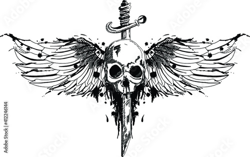 hand drawn Skulls Wings Tattoo.Sketch design Horror skull with floer and wings of bird isolate on white background. 