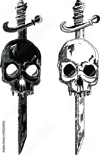 hand drawn Skulls Wings Tattoo.Sketch design Horror skull with floer and wings of bird isolate on white background. 