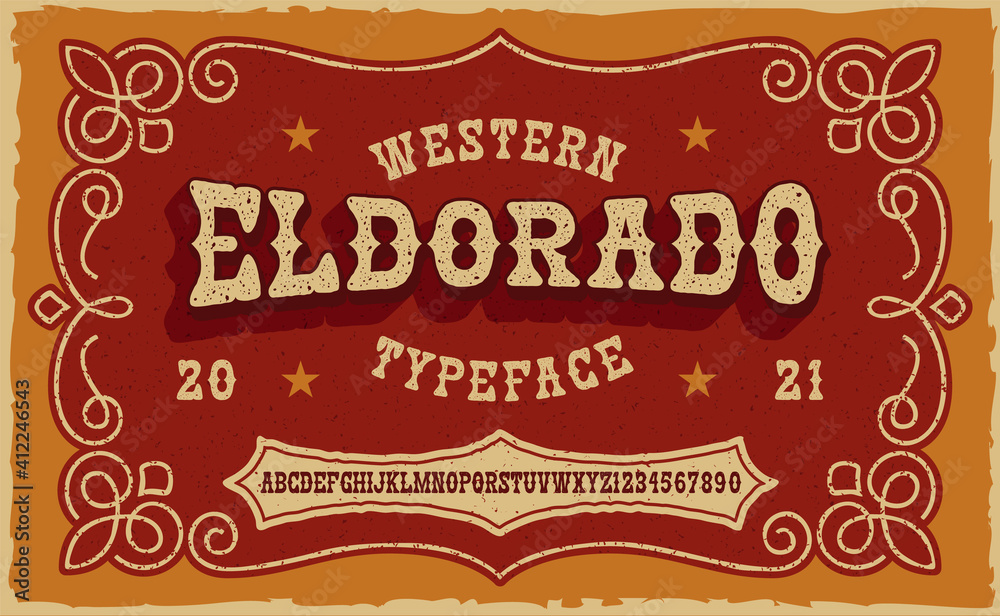 A vintage serif font in western style. This font looks better for short phrases, headlines and can be used for many creative products, such as shirt prints, alcohol labels,  and many other uses