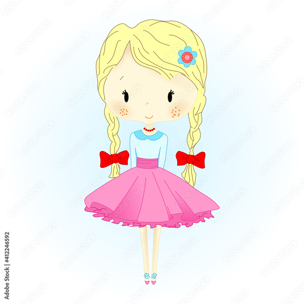 Doll Illustration. Beautiful Golden Hair Puppet with red Bows. Little Girl Doll Illustration. Beautiful Golden Hair Puppet with red Bows. Little Girl