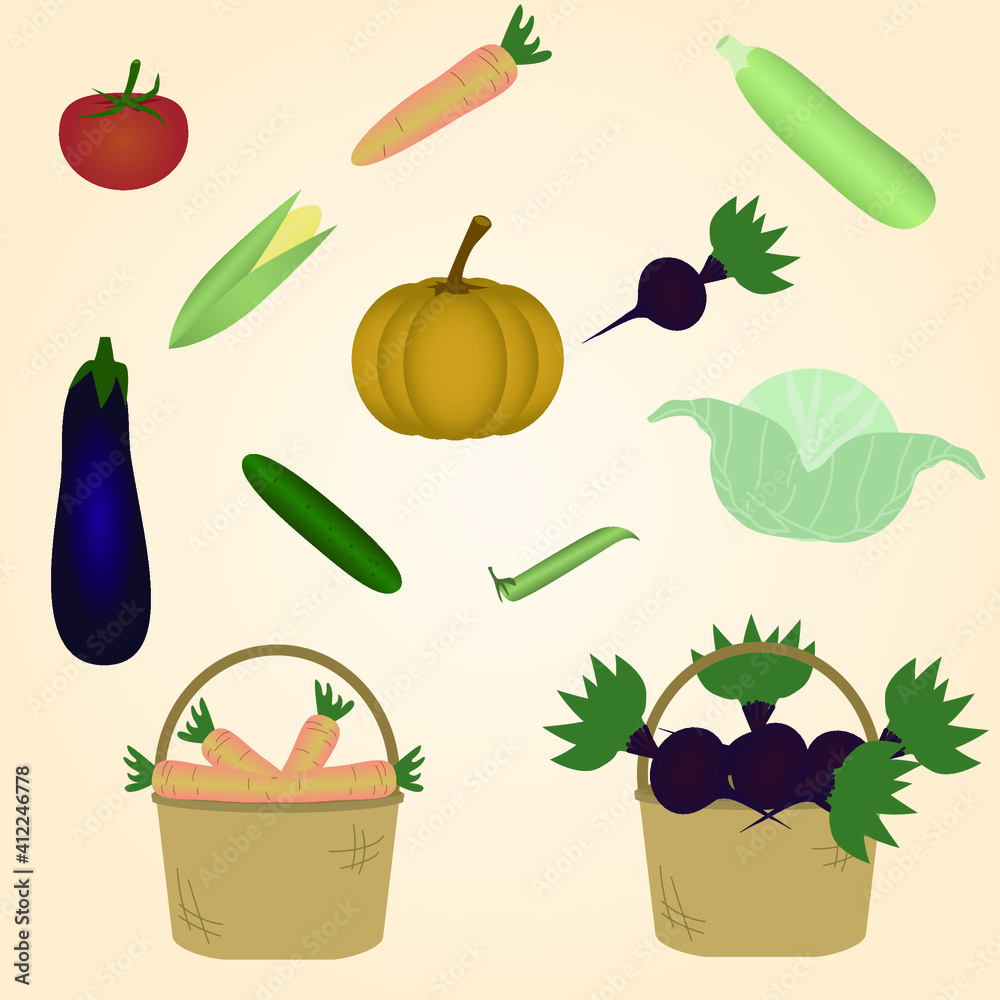 set of farm vegetables with baskets set of farm vegetables with baskets