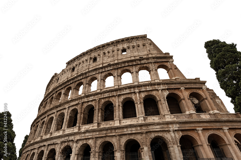 Colosseo of Rome. Isolated on white background, Amphitheatrum Flavium 72 a.D. Ancient Coliseum or Colosseum. UNESCO world heritage site. Lazio, Italy, Europe.