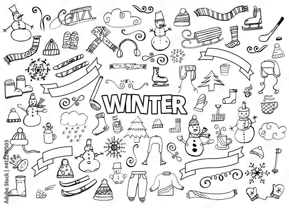 Obraz premium Winter doodles collection. Design elements. Snowman, Snowflakes, Skies, scarf, hot drinks, Coffee, Late